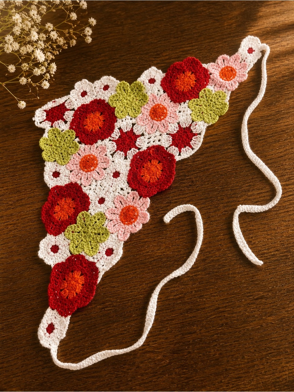 Handmade Crochet Floral HeadScarf,Red, Pink, Green, White